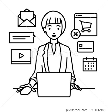 一位身穿夾克的女性在辦公桌前的電腦前進行研究、數據分析和撰寫報告研究、雲、 95166983