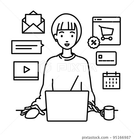 一名遠程工作女性在辦公桌前的 PC 前進行研究、數據分析和報告撰寫 95166987