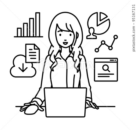 A woman in a blouse doing research, data analysis, and writing a report in front of a computer at her desk 95167131