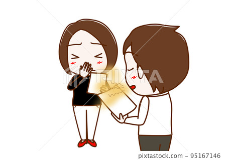 （上身斜在身後）男人嘴巴發臭，女人捂著鼻子看資料討論 95167146