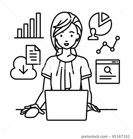 一位休閒的辦公室女性在辦公桌前的電腦前做研究、數據分析和寫報告 95167181