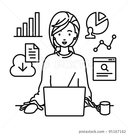 一名遠程工作女性在辦公桌前的 PC 前進行研究、數據分析和報告撰寫 95167182