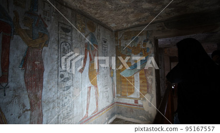Valley of the kings Luxor Egypt Tomb of Tausert and Setnakht heiroglyphic painting with pastel color beautiful yellow and blue fresco style Valley of the kings Luxor Egypt Tomb of Tausert and Setnakht heiroglyphic painting with pastel color beautiful yellow and blue fresco style 95167557