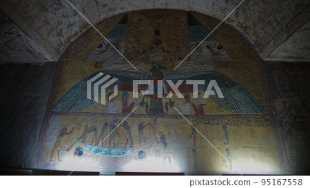 Valley of the kings Luxor Egypt Tomb of Tausert and Setnakht heiroglyphic painting with pastel color beautiful yellow and blue fresco style 95167558
