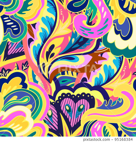 Colorful seamless pattern with crazy psychedelic organic abstract elements, print with plant and mushrooms motifs Colorful seamless pattern with crazy psychedelic organic abstract elements, print with plant and mushrooms motifs 95168384