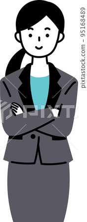 Illustration of a woman with ponytail hair in a suit with folded arms 95168489