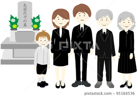 A family of three families wearing mourning clothes visiting a grave A family of three families wearing mourning clothes visiting a grave 95168536