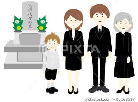 A family of three families wearing mourning clothes visiting a grave 95168537