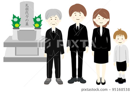 A family of three families wearing mourning clothes visiting a grave 95168538