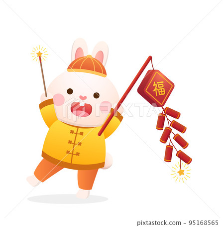 Cute rabbit character or mascot with firecrackers for Chinese New Year, Year of the Rabbit, vector cartoon style 95168565