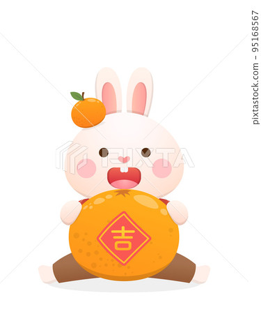 可愛兔角色或吉祥物與橘,中國農曆新年元素,兔年,向量卡通風格 95168567