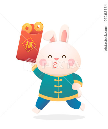 Cute rabbit character or mascot with red envelope and gold coins, Chinese lunar new year elements, year of the rabbit, vector cartoon style 95168584