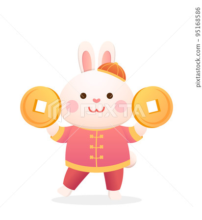 可愛兔角色或吉祥物與金幣,中國農曆新年元素,兔年,向量卡通風格 可愛兔角色或吉祥物與金幣,中國農曆新年元素,兔年,向量卡通風格 95168586