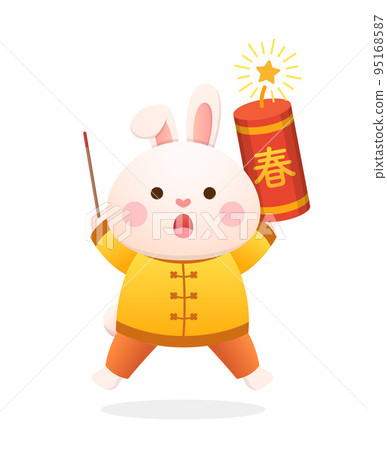 Cute rabbit character or mascot with firecrackers for Chinese New Year, Year of the Rabbit, vector cartoon style Cute rabbit character or mascot with firecrackers for Chinese New Year, Year of the Rabbit, vector cartoon style 95168587
