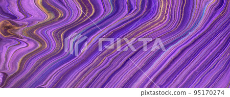 Abstract fluid art background dark purple and golden colors. Liquid marble. Acrylic painting with violet gradient. 95170274