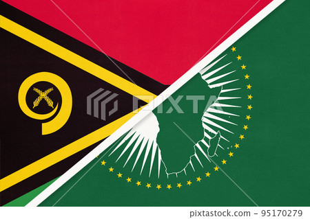 African Union and Vanuatu national flag from textile. Africa continent vs Vanuatuan symbol 95170279