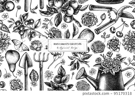 Gardening seamless pattern background design. Engraved style. Hand drawn watering can, apples, cherry, rose, pears, shovel, rake, secateurs, chamomile, sunflower, forget me not flower, ranunculus Gardening seamless pattern background design. Engraved style. Hand drawn watering can, apples, cherry, rose, pears, shovel, rake, secateurs, chamomile, sunflower, forget me not flower, ranunculus 95170318