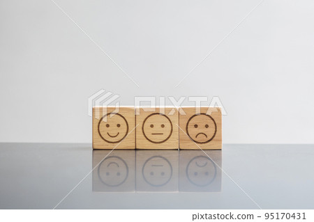 emotion face block. Emoticon for user reviews. Service rating, ranking, customer review, satisfaction, evaluation and feedback concept 95170431