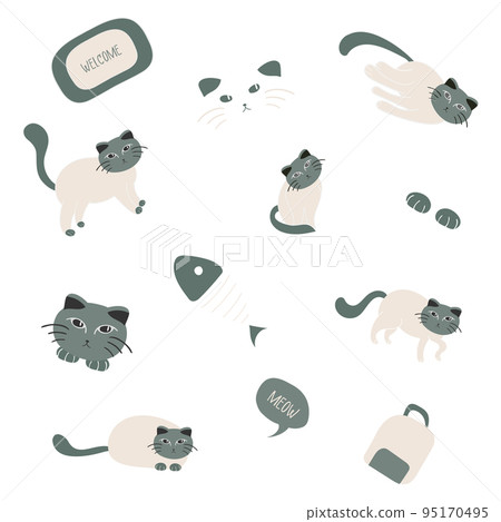 Cute cats elements. Cartoon cat design with earth tone color in different poses. Set of purebred pet animals isolated on white background. Cute cats elements. Cartoon cat design with earth tone color in different poses. Set of purebred pet animals isolated on white background. 95170495