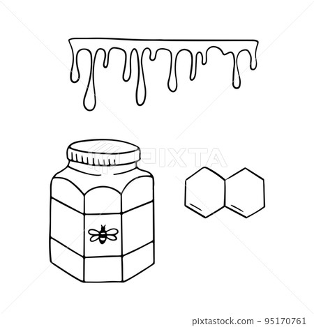 Jar of honey, honeycombs and drops. Black and white vector doodle illustration isolated on white background. Jar of honey, honeycombs and drops. Black and white vector doodle illustration isolated on white background. 95170761