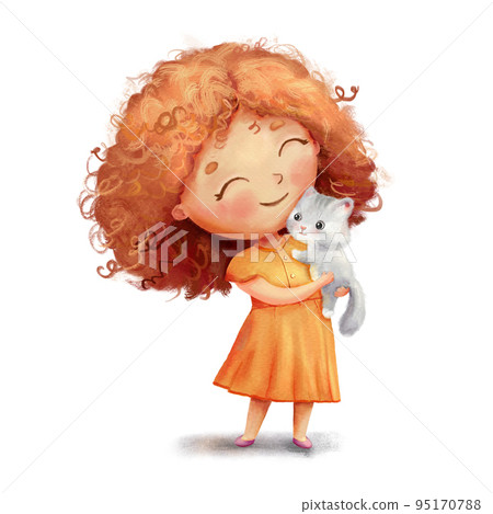 Cute girl in yellow dress holds small gray kitten in her arms. Funny hand drawn character in cartoon style isolated on white Cute girl in yellow dress holds small gray kitten in her arms. Funny hand drawn character in cartoon style isolated on white 95170788