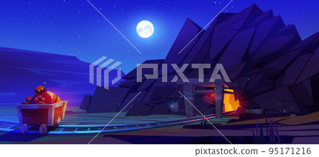 Gold mine with cart full of gold ingots on rails Gold mine with cart full of gold ingots on rails 95171216