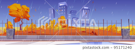 Autumn cityscape with park in rain 95171240