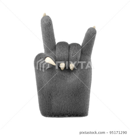 3d furry wolf hands in plastic cartoon style. Rock fingers gesture. Werewolf monster Halloween character palms. High quality isolated render 95171290