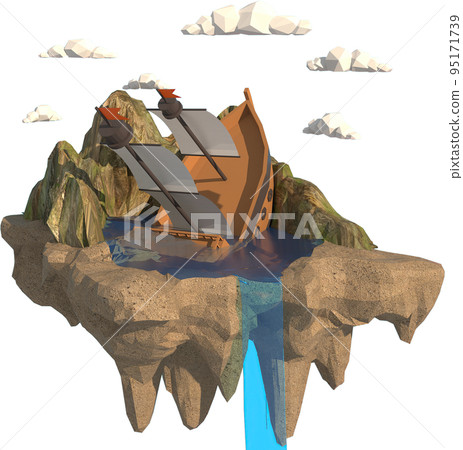 3D illustrator of Boat capsized in the bay. 3D rendering of a low polygon model 3D illustrator of Boat capsized in the bay. 3D rendering of a low polygon model 95171739