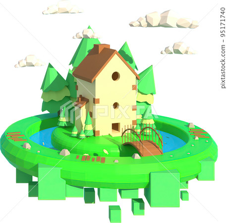 3D illustrator The big house is surrounded by water. 3d rendering Low Polygon Geometry. Lowpoly Minimal Style Art. 95171740