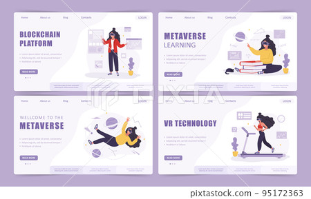 Metaverse landing page template collection. Woman wearing VR glasses. Augment reality or Cyberspace concept. Modern technology entertainment. Vector illustration in flat cartoon style Metaverse landing page template collection. Woman wearing VR glasses. Augment reality or Cyberspace concept. Modern technology entertainment. Vector illustration in flat cartoon style 95172363