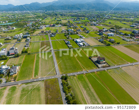 Top view of Dongshan rice meadow in Yilan of Taiwan 95172809