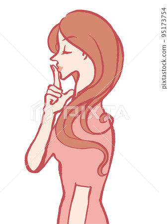 Sideways woman who closes her eyes and touches her lips with her index finger-white background 95173754