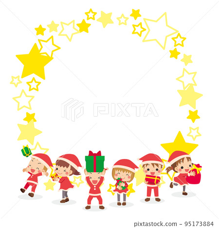 Illustration of cute children in Santa costumes having fun with presents Star frame Copy space 95173884