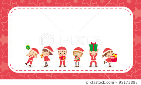 Illustration of cute children wearing Santa costume Star pattern frame Copy space 95173885