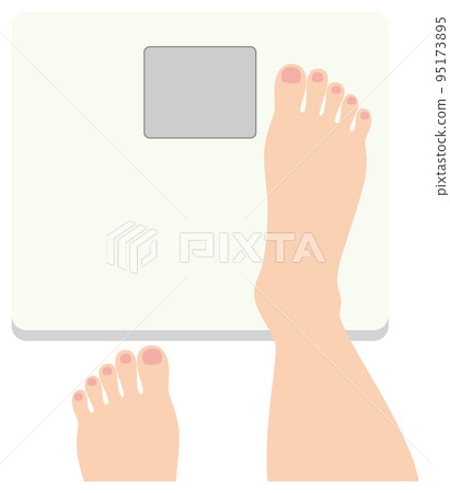 Feet of a person who measures weight on a weight scale Illustration vector of a man's feet with beautiful bare feet and a health meter Feet of a person who measures weight on a weight scale Illustration vector of a man's feet with beautiful bare feet and a health meter 95173895