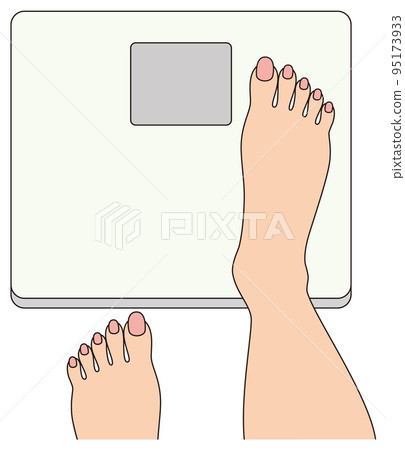 用體重秤測量體重的人的腳 用漂亮的赤腳和健康計衡量女性腳的插圖矢量 95173933
