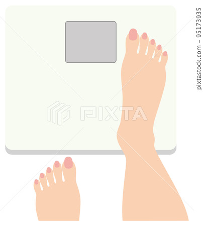 用體重秤測量體重的人的腳 用漂亮的赤腳和健康計衡量女性腳的插圖矢量 95173935
