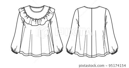 Vector round neck blouse technical drawing, woman a shaped top with flounced tier detail sketch, fashion CAD, template Vector round neck blouse technical drawing, woman a shaped top with flounced tier detail sketch, fashion CAD, template 95174154