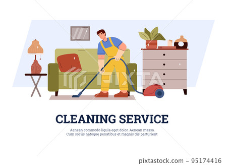 Cleaning service for home, office or hotel outsourced staff banner flat vector. Cleaning service for home, office or hotel outsourced staff banner flat vector. 95174416