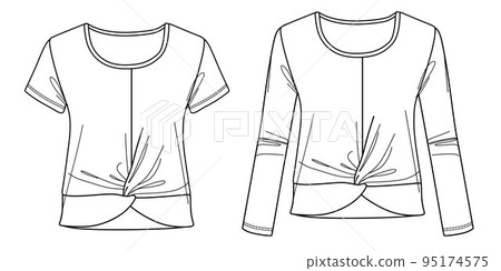Vector round neck t-shirt with knot fashion CAD,  tie detailed woman top technical drawing, template, sketch. Jersey or woven fabric blouse with front, back view, white color 95174575