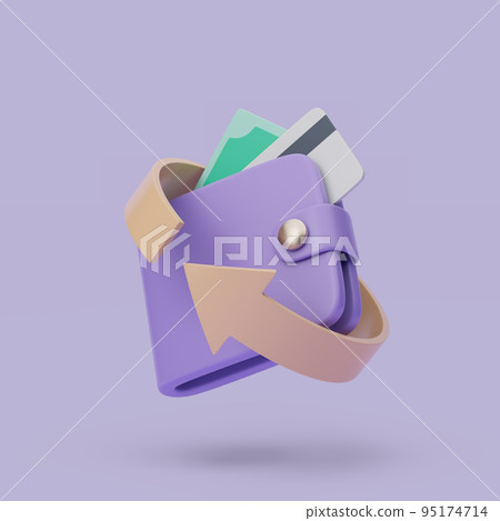 Wallet with cashback icon. 3d simple render illustration on pastel background. Wallet with cashback icon. 3d simple render illustration on pastel background. 95174714