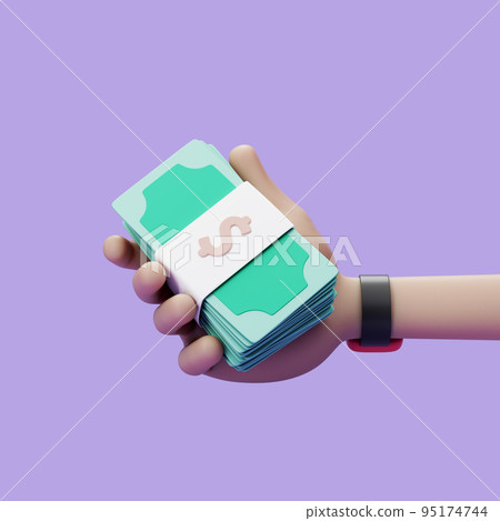 Cartoon hand holding cash bundle on violet background. Simple 3d render illustration. 95174744