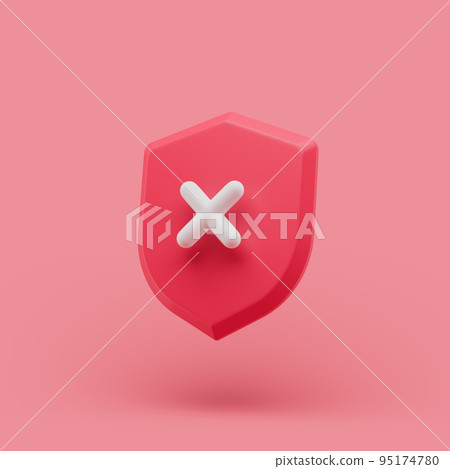 Shield unprotected icon with cross simple 3d illustration on pastel abstract background. minimal concept. 95174780