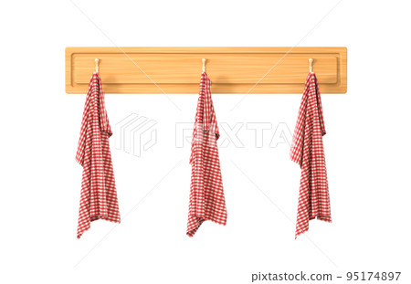 Wooden wall holder with golden hooks and hanging red plaid towels, 3D render. Natural timber plank hanger with cloth towels or textile napkins for kitchen isolated on white background Wooden wall holder with golden hooks and hanging red plaid towels, 3D render. Natural timber plank hanger with cloth towels or textile napkins for kitchen isolated on white background 95174897