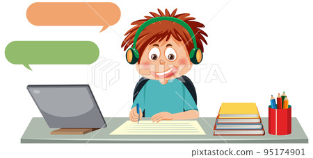 A boy studying online with tablet A boy studying online with tablet 95174901