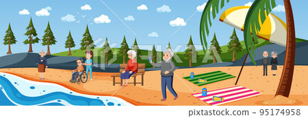 Beach scene with senior people on vacation Beach scene with senior people on vacation 95174958
