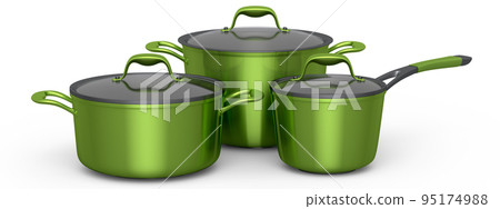 Set of stewpot, frying pan and chrome plated cookware on white background 95174988