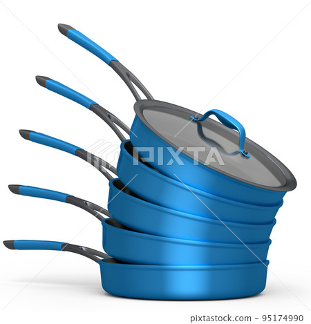 Stack of frying pan with glass lid on white, non-stick kitchen utensils 95174990