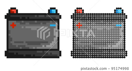 Pixel icon. Car battery icon with electric charge. Maintaining battery power. Service in car repair shop. Simple retro game vector isolated on white background Pixel icon. Car battery icon with electric charge. Maintaining battery power. Service in car repair shop. Simple retro game vector isolated on white background 95174998